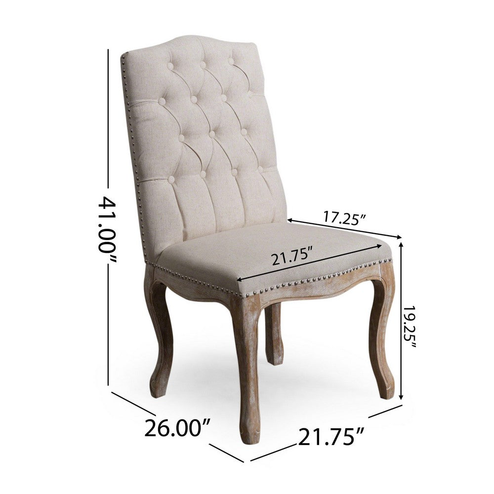 Benjara Cen Dining Side Chair Set of 2, Beige Tufted Back, Gray Wood Legs