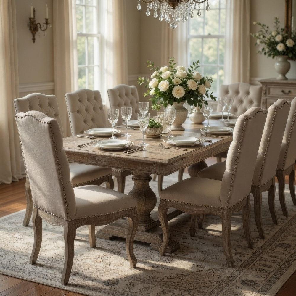 Benjara Cen Dining Side Chair Set of 2, Beige Tufted Back, Gray Wood Legs