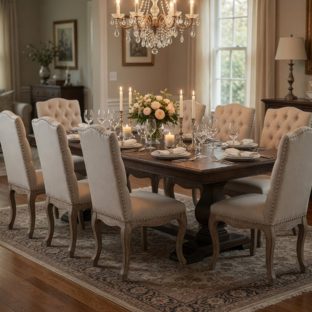 Benjara Cen Dining Side Chair Set of 2, Beige Tufted Back, Gray Wood Legs