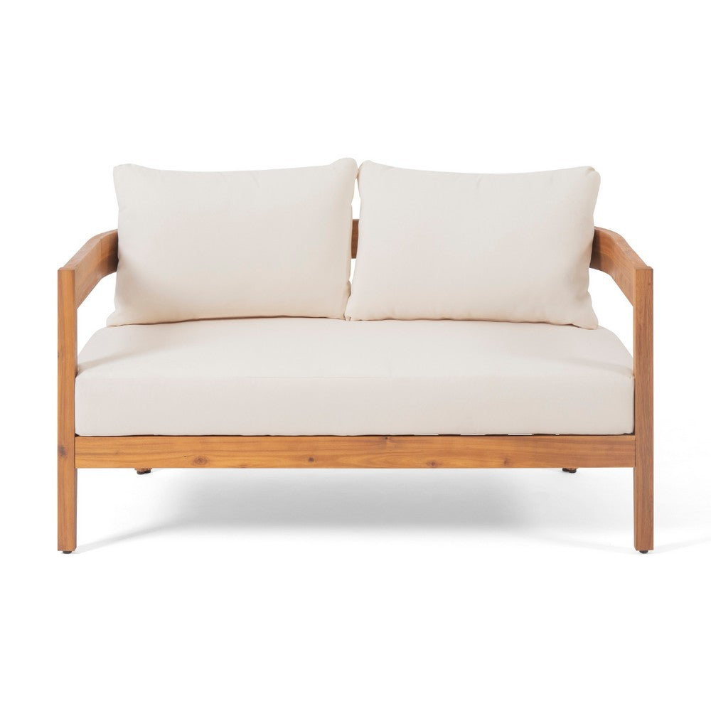 Benjara Loveseat And Coffee Table Outdoor Set, Slatted Brown Acacia Wood