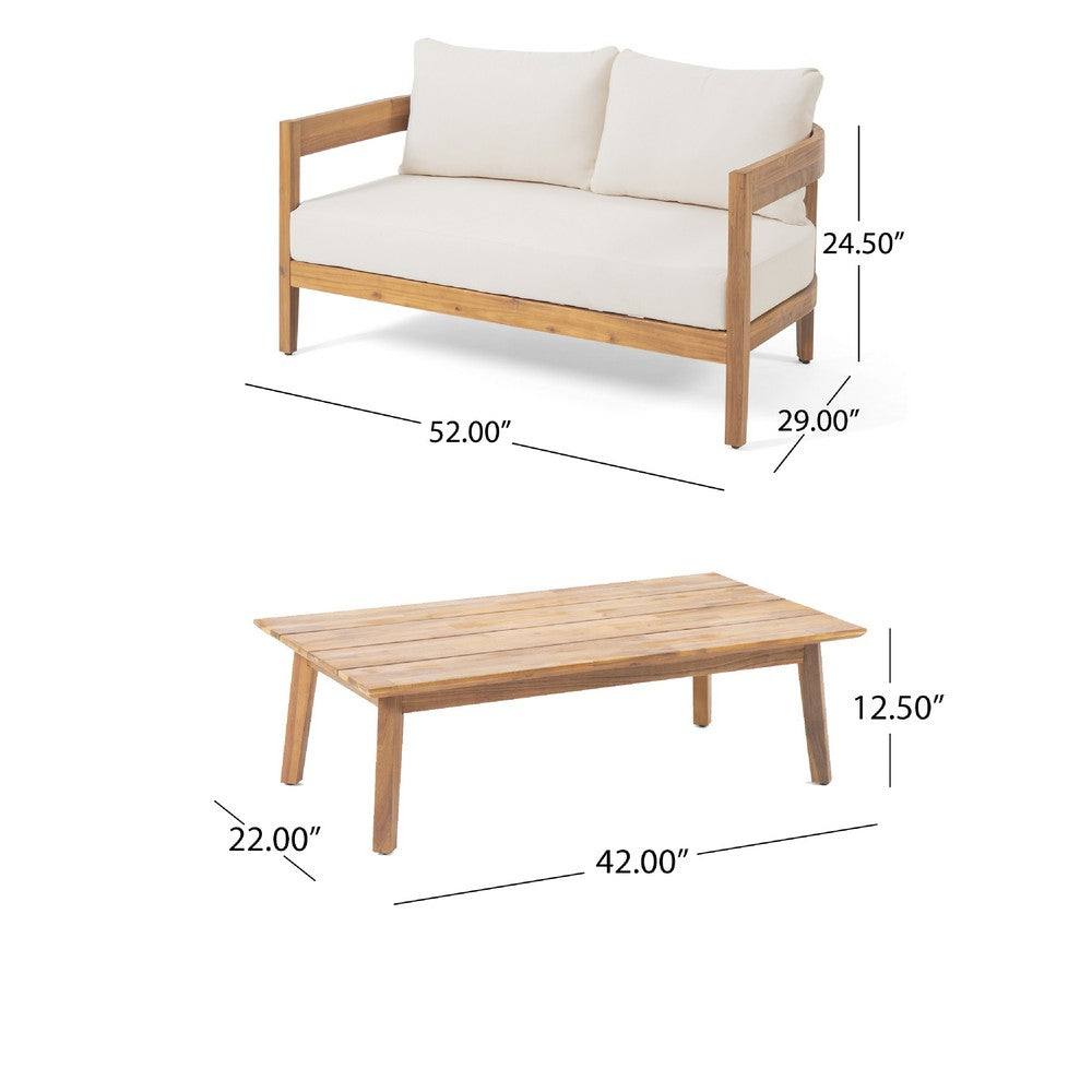 Benjara Loveseat And Coffee Table Outdoor Set, Slatted Brown Acacia Wood