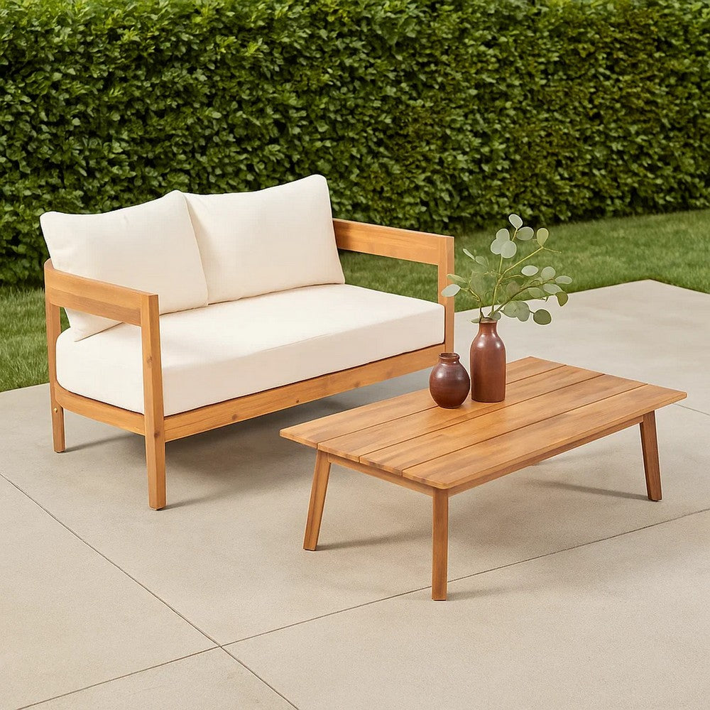 Benjara Loveseat And Coffee Table Outdoor Set, Slatted Brown Acacia Wood