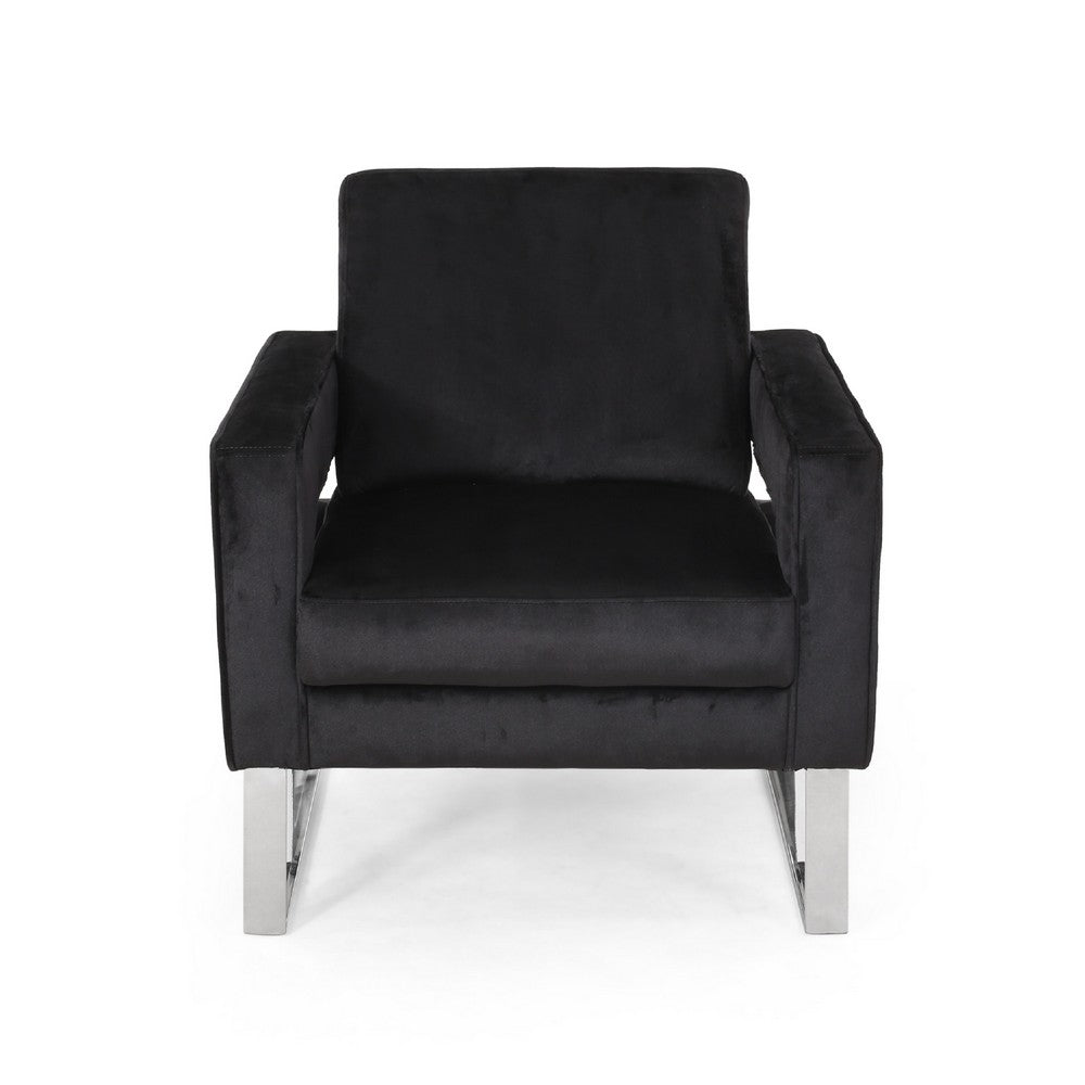 Benjara Club Armchair, Black Velvet Upholstery, Modern Stainless Steel Legs