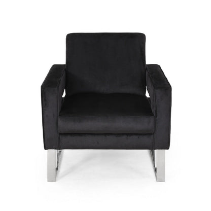 Benjara Club Armchair, Black Velvet Upholstery, Modern Stainless Steel Legs