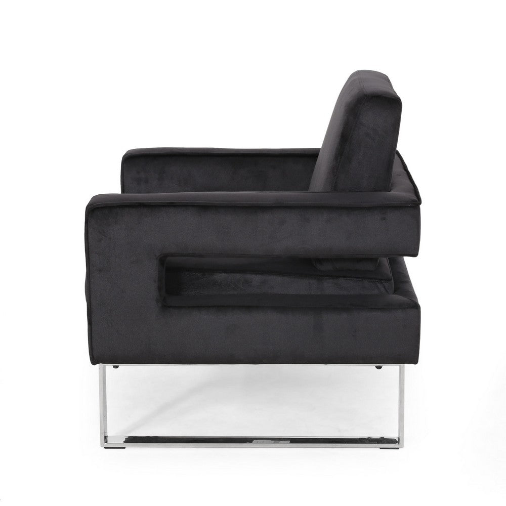 Benjara Club Armchair, Black Velvet Upholstery, Modern Stainless Steel Legs