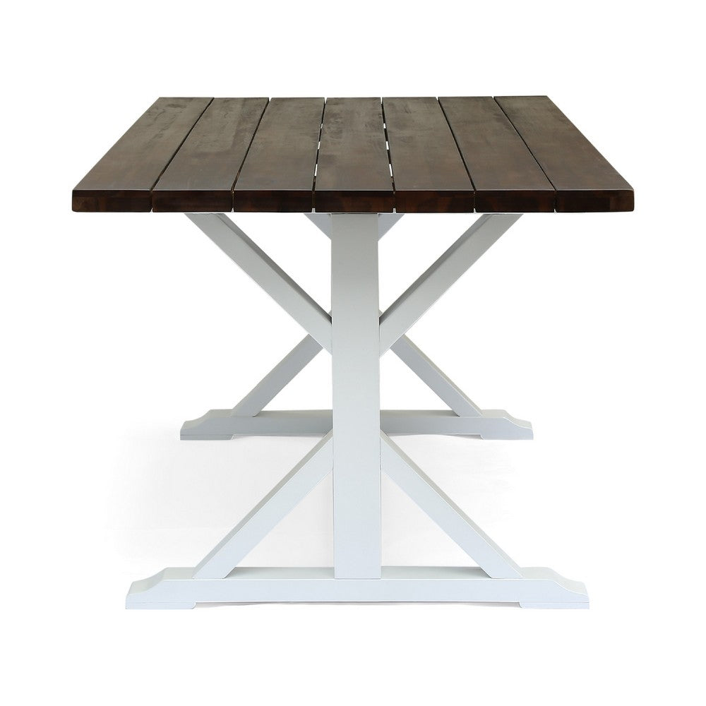 Benjara Indoor/Outdoor Dining Table, 69 Inch Brown Rectangular Wood Top, White