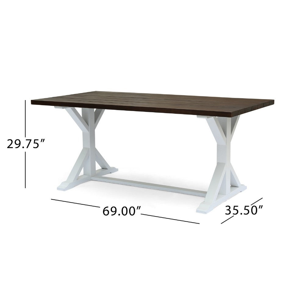 Benjara Indoor/Outdoor Dining Table, 69 Inch Brown Rectangular Wood Top, White