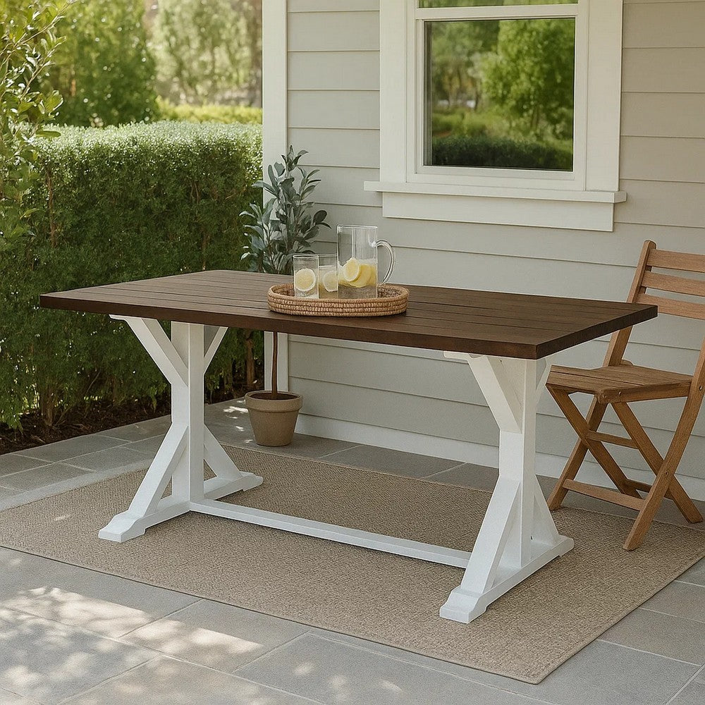 Benjara Indoor/Outdoor Dining Table, 69 Inch Brown Rectangular Wood Top, White