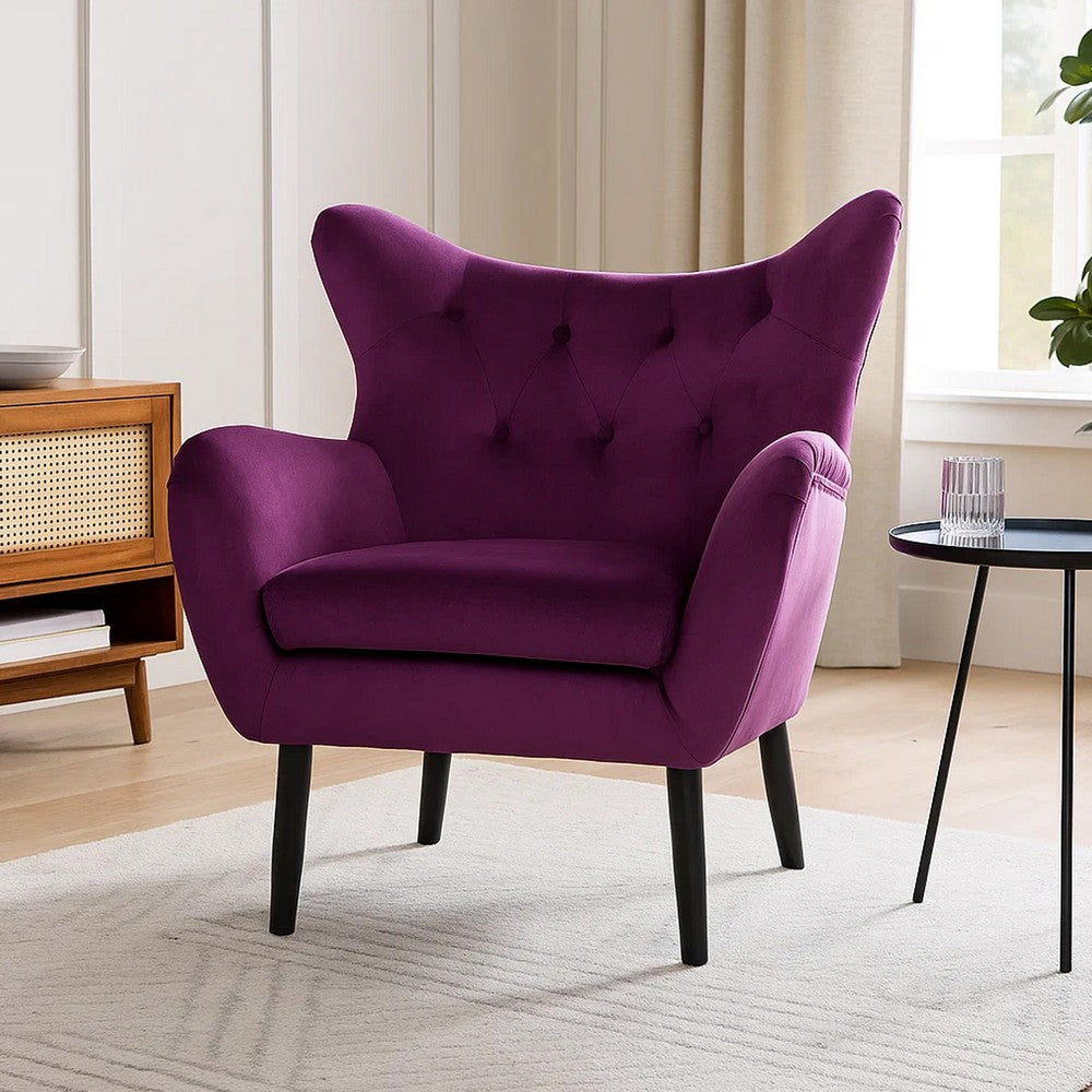 Benjara Riho Accent Armchair, Wingback Button Tufted, Fuchsia Purple Velvet