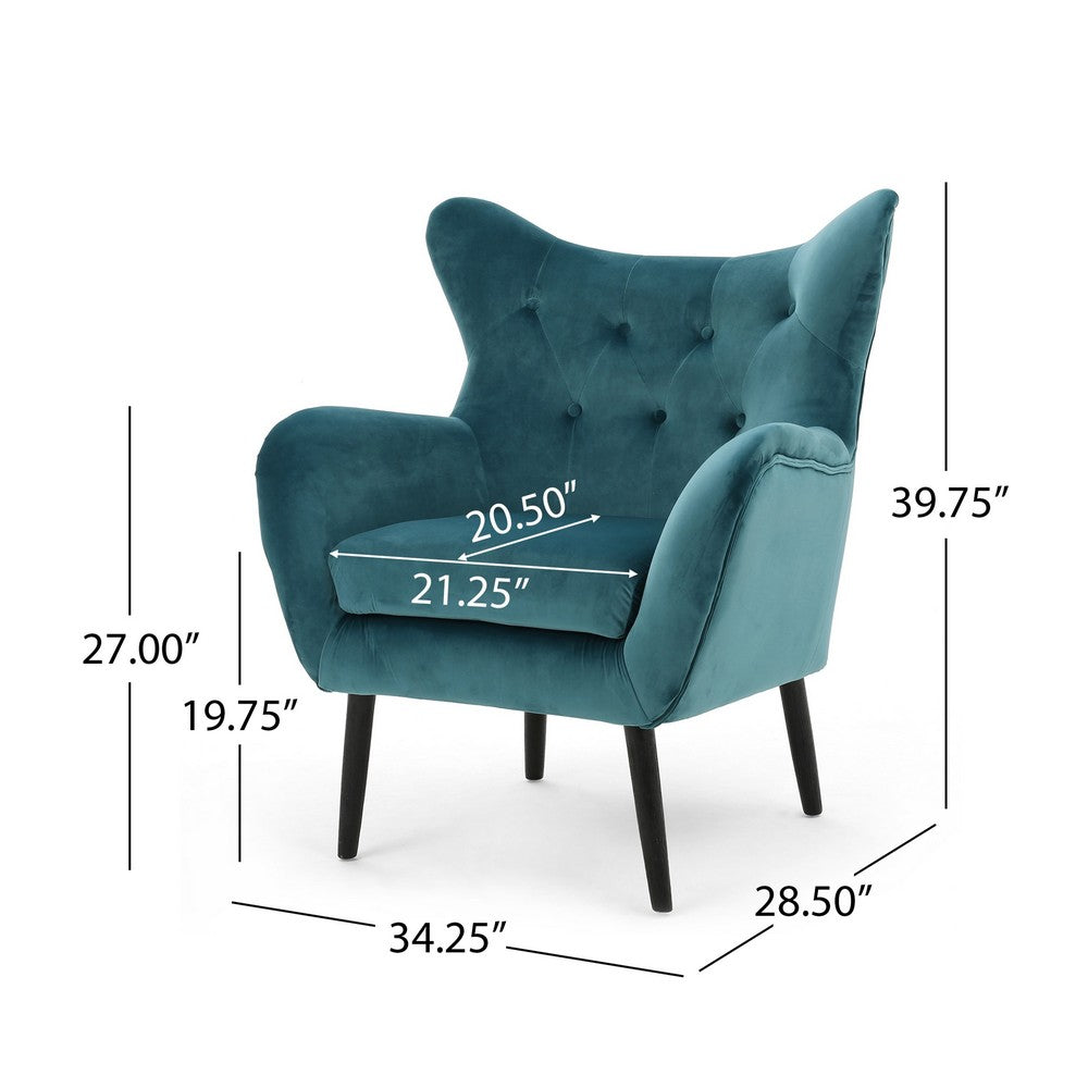 Benjara Riho Accent Armchair, Wingback Button Tufted, Teal Velvet