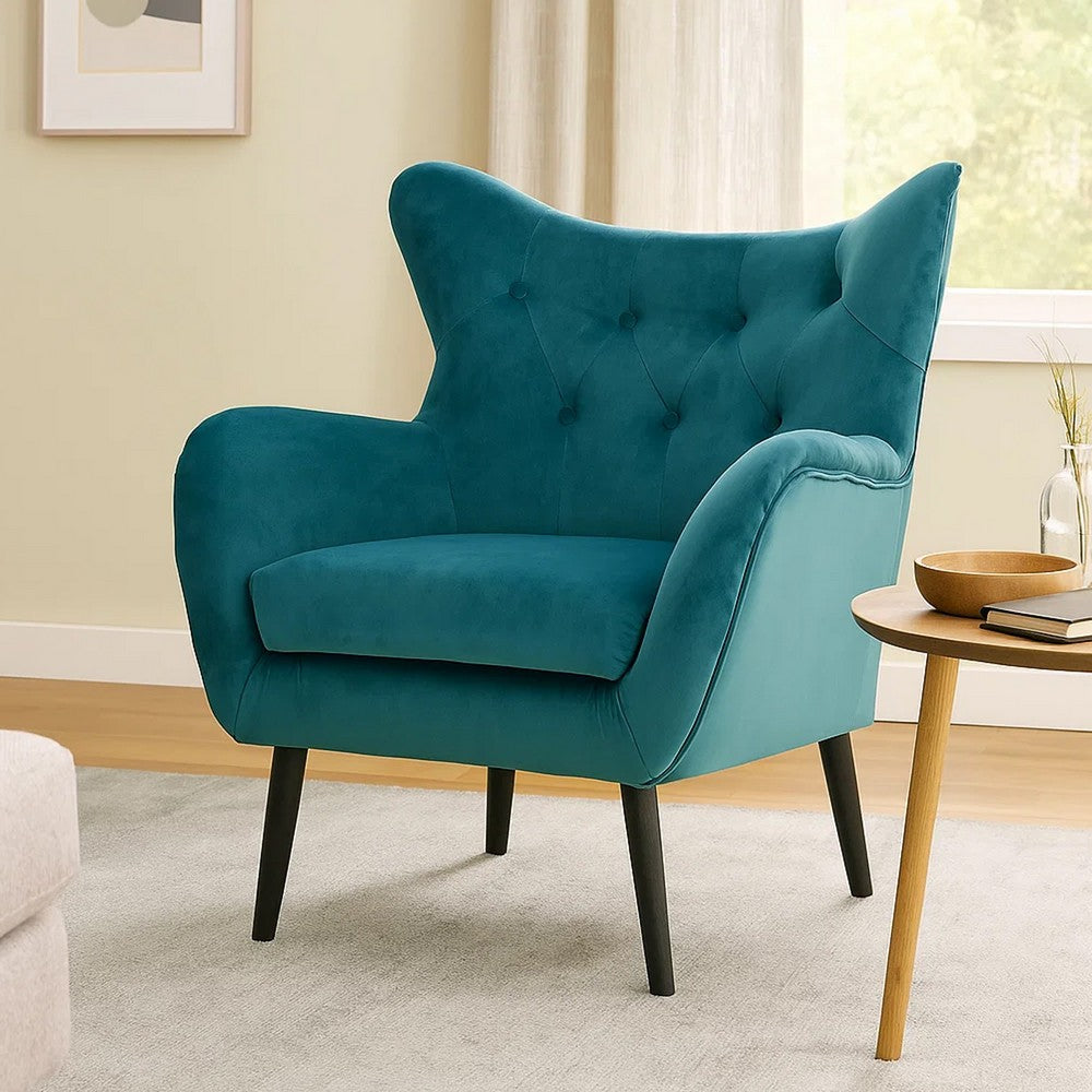 Benjara Riho Accent Armchair, Wingback Button Tufted, Teal Velvet