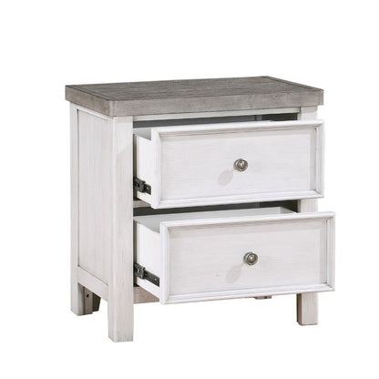 Benjara Amby Nightstand, 2 Drawers, Farmhouse Antique White, Gray Acacia Wood