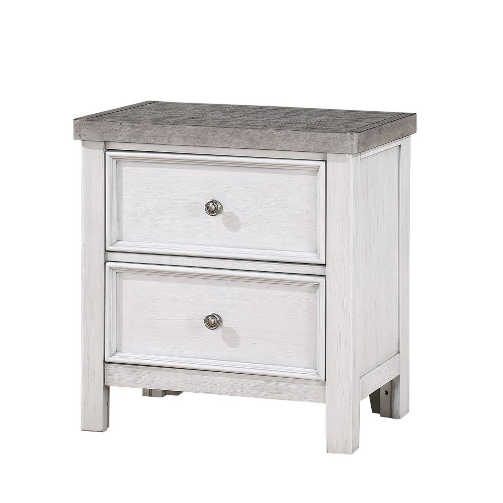 Benjara Amby Nightstand, 2 Drawers, Farmhouse Antique White, Gray Acacia Wood