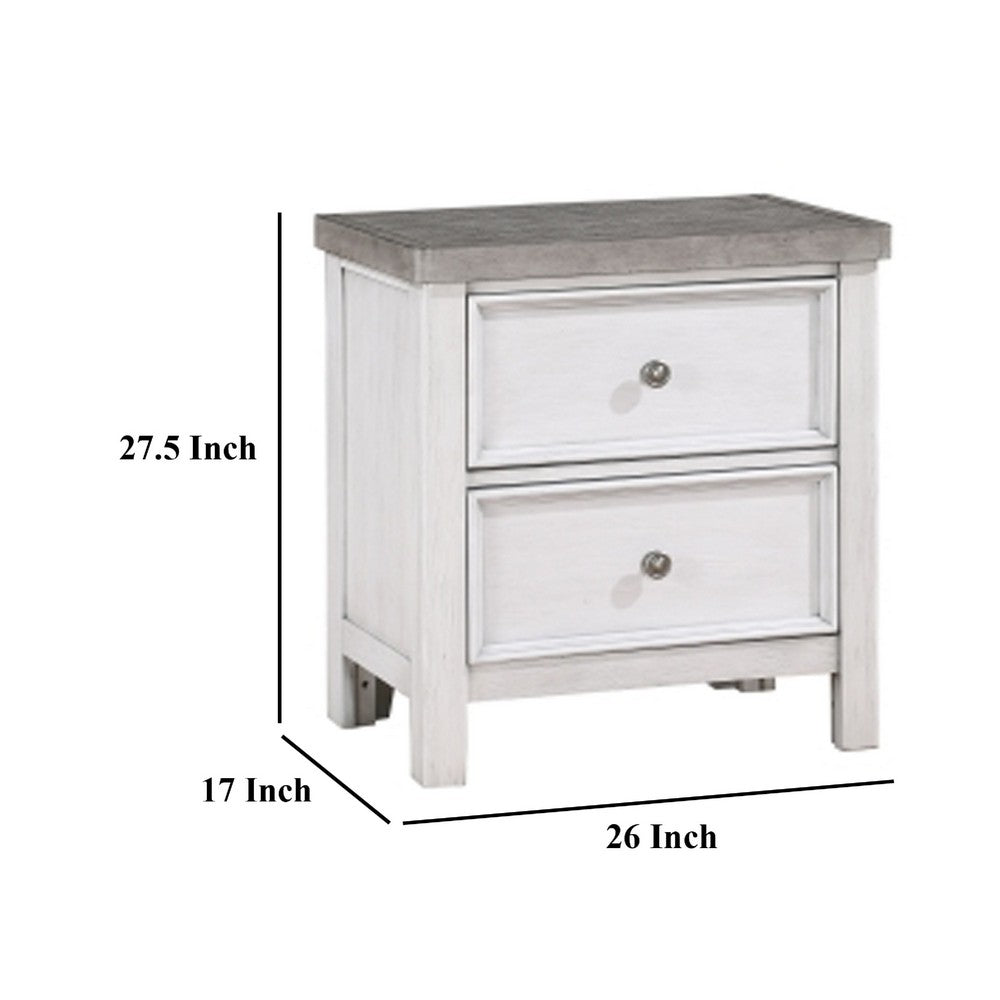 Benjara Amby Nightstand, 2 Drawers, Farmhouse Antique White, Gray Acacia Wood