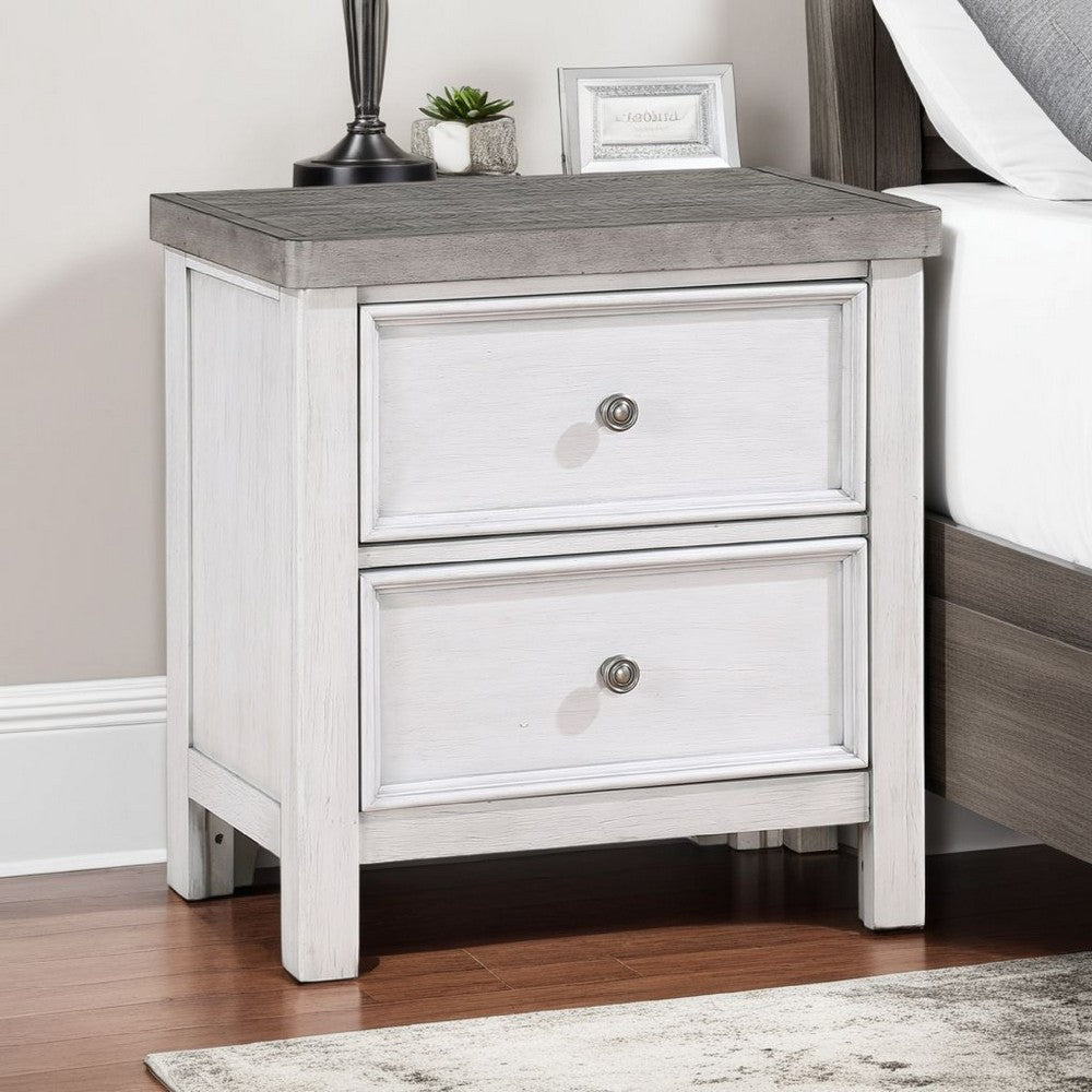 Benjara Amby Nightstand, 2 Drawers, Farmhouse Antique White, Gray Acacia Wood