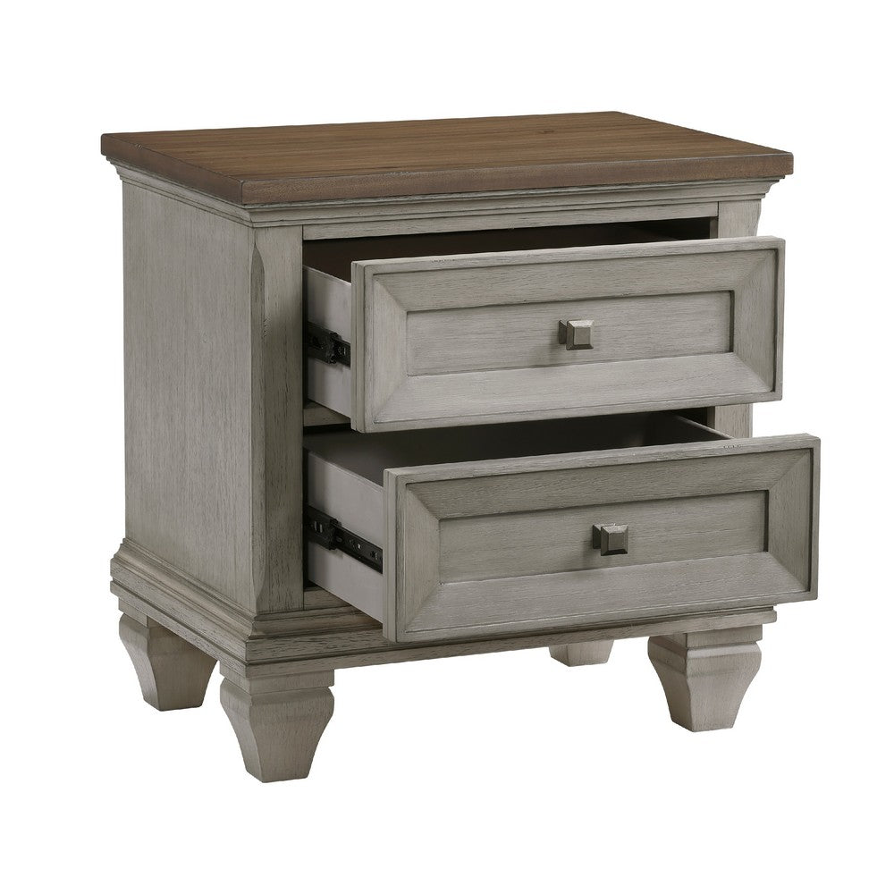 Benjara Giny Nightstand, 2 Drawers, Brown And Antique Gray Acacia Wood Top