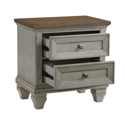 Benjara Giny Nightstand, 2 Drawers, Brown And Antique Gray Acacia Wood Top