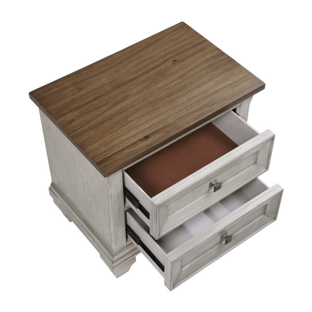 Benjara Giny Nightstand, 2 Drawers, Brown And Antique Gray Acacia Wood Top