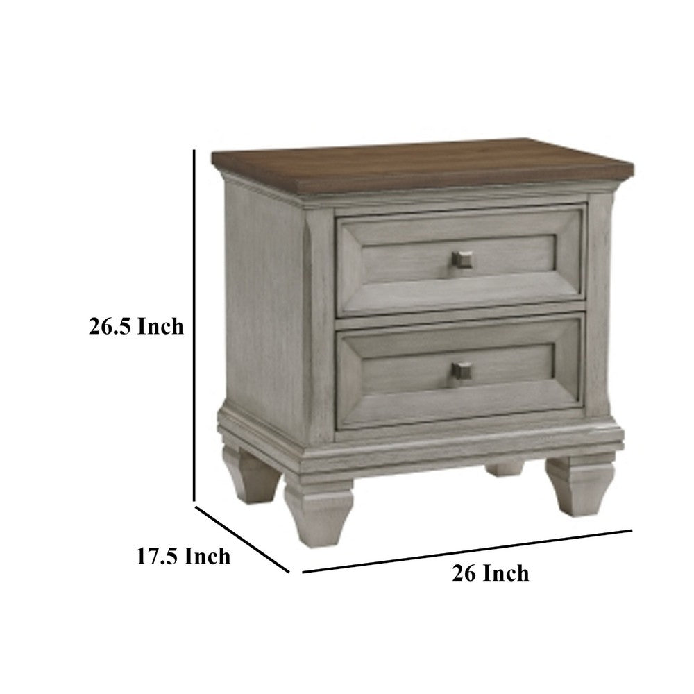 Benjara Giny Nightstand, 2 Drawers, Brown And Antique Gray Acacia Wood Top