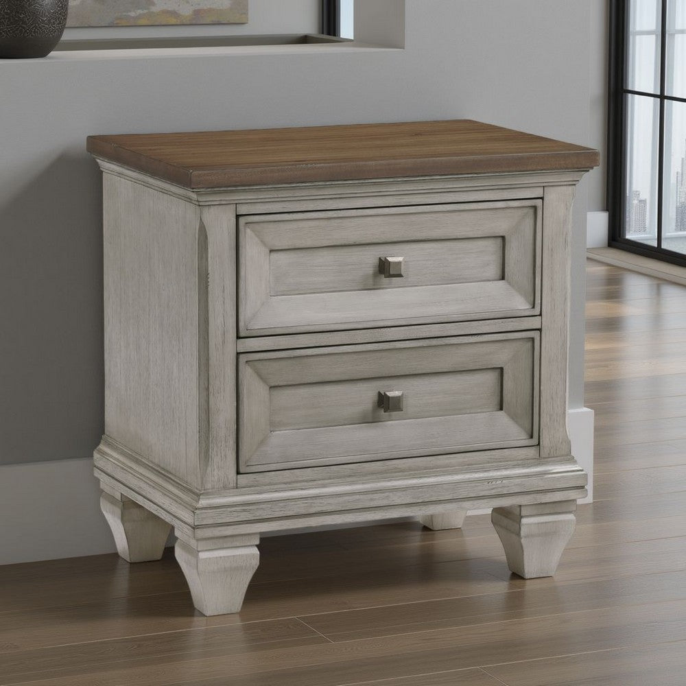 Benjara Giny Nightstand, 2 Drawers, Brown And Antique Gray Acacia Wood Top