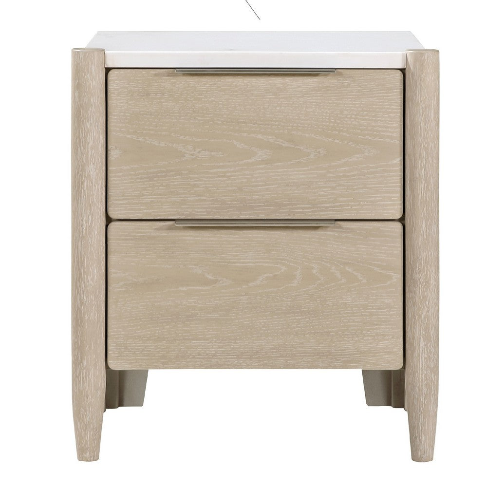 Benjara Maty Nightstand, 2 Drawers, White Marble Top, Light Oak Brown Ceruse