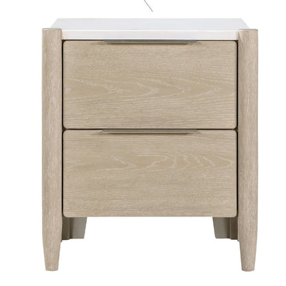 Benjara Maty Nightstand, 2 Drawers, White Marble Top, Light Oak Brown Ceruse