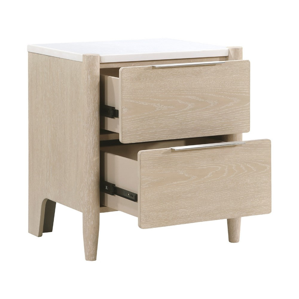 Benjara Maty Nightstand, 2 Drawers, White Marble Top, Light Oak Brown Ceruse