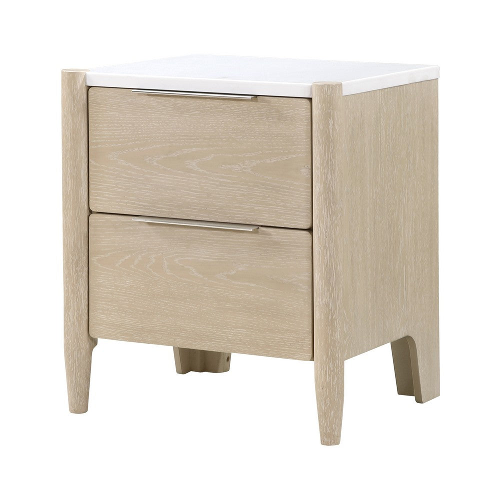 Benjara Maty Nightstand, 2 Drawers, White Marble Top, Light Oak Brown Ceruse
