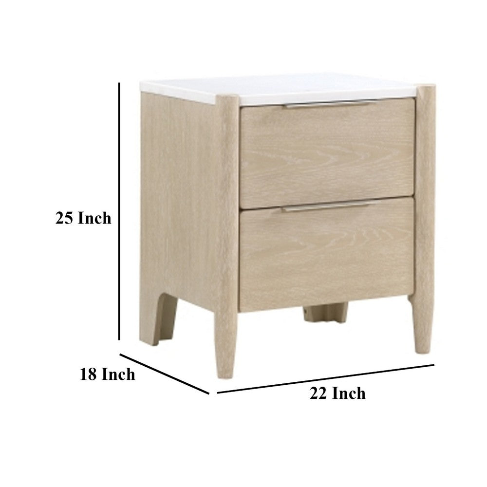 Benjara Maty Nightstand, 2 Drawers, White Marble Top, Light Oak Brown Ceruse