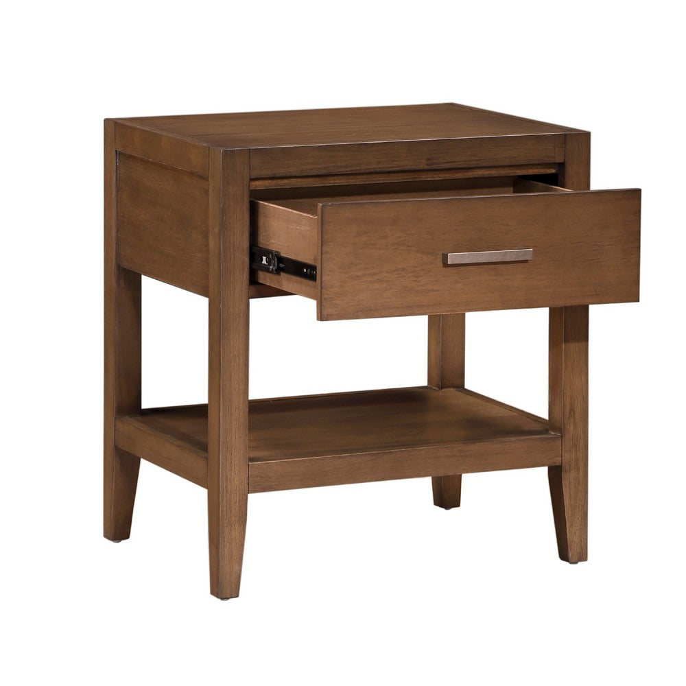 Benjara Evi Nightstand, 1 Drawer w Lower Open Shelf, Brushed Rich Brown Wood