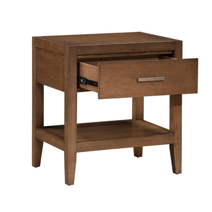 Benjara Evi Nightstand, 1 Drawer w Lower Open Shelf, Brushed Rich Brown Wood