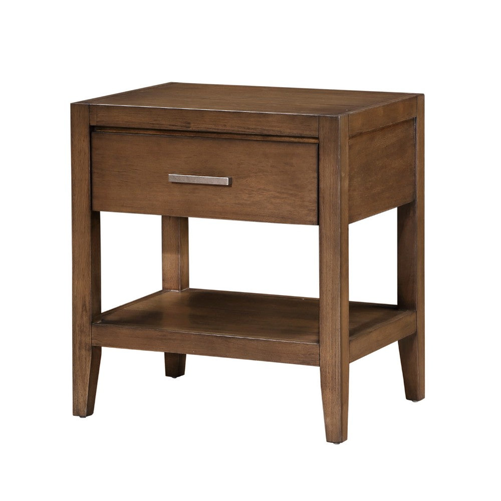 Benjara Evi Nightstand, 1 Drawer w Lower Open Shelf, Brushed Rich Brown Wood