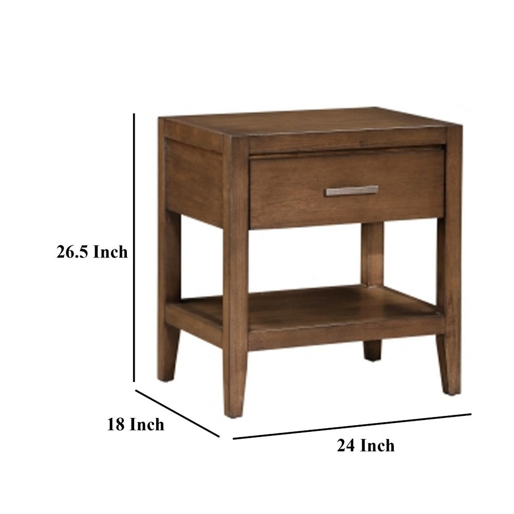 Benjara Evi Nightstand, 1 Drawer w Lower Open Shelf, Brushed Rich Brown Wood