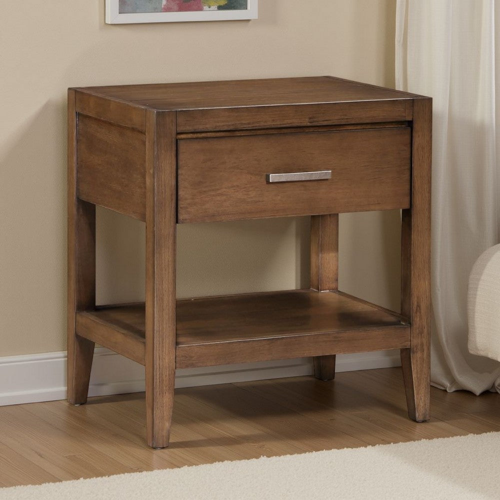 Benjara Evi Nightstand, 1 Drawer w Lower Open Shelf, Brushed Rich Brown Wood