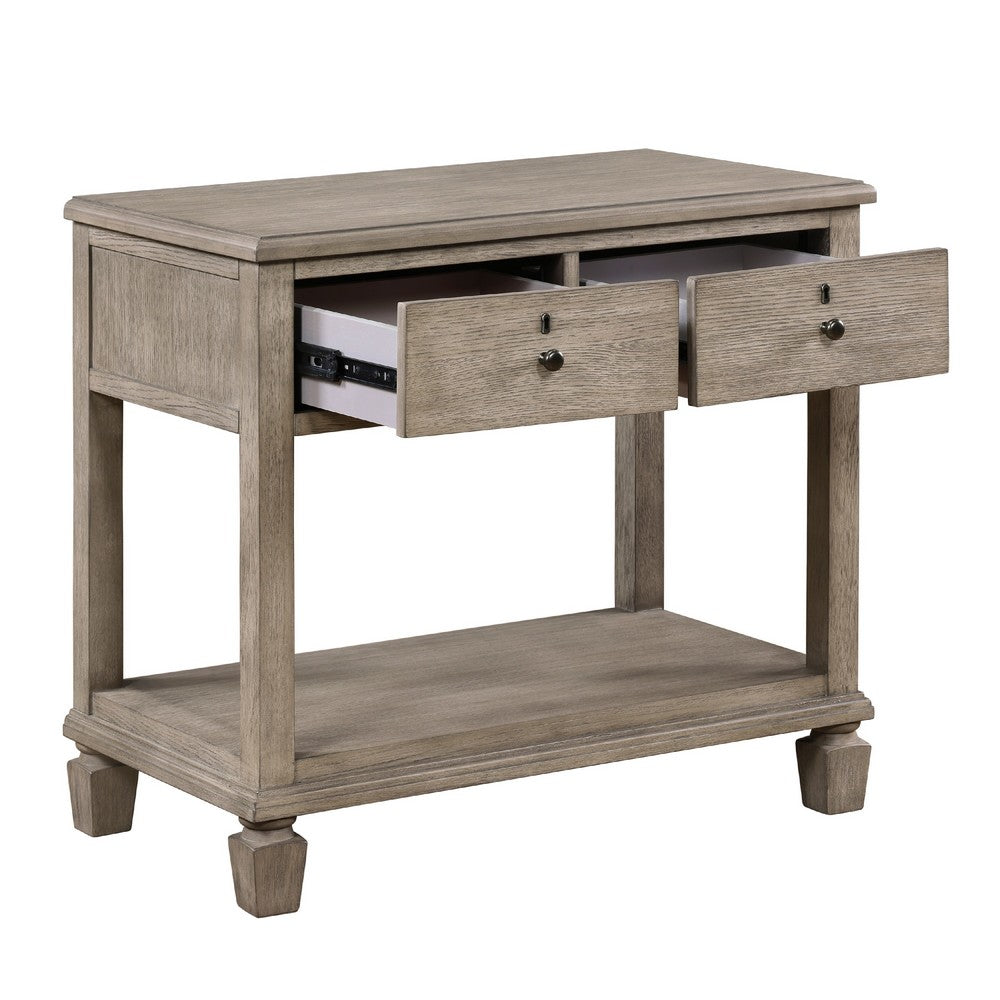 Benjara Cely Nightstand, 2 Drawers with Lower Open Shelf, Gray Oak Veneer