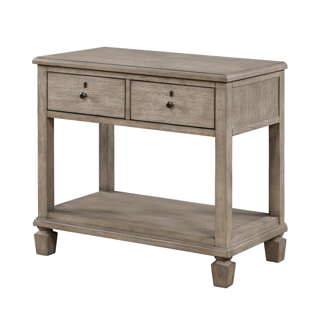 Benjara Cely Nightstand, 2 Drawers with Lower Open Shelf, Gray Oak Veneer