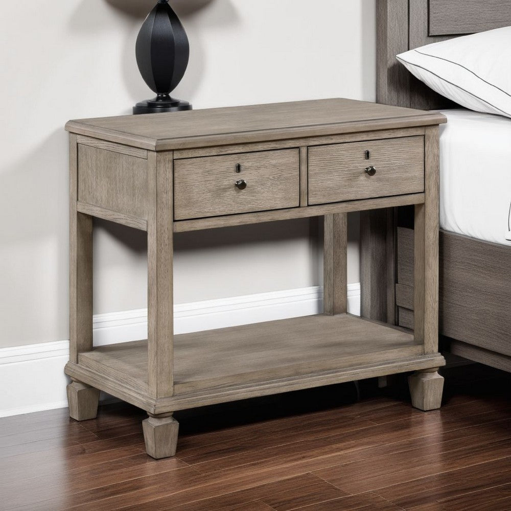 Benjara Cely Nightstand, 2 Drawers with Lower Open Shelf, Gray Oak Veneer