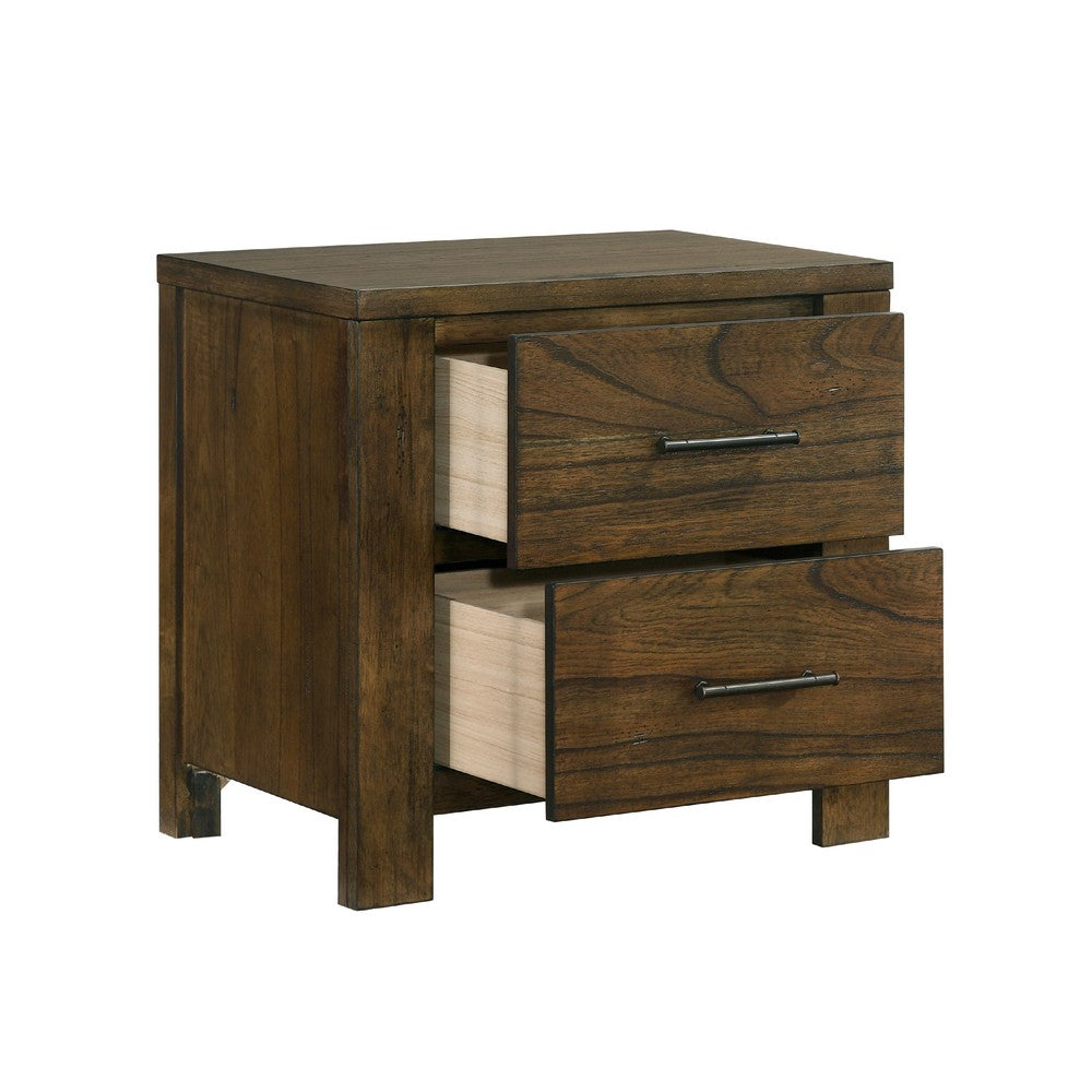 Benjara Suli Nightstand, 2 Drawers Metal Handles, Brown Mindy Veneer, 26 Inch