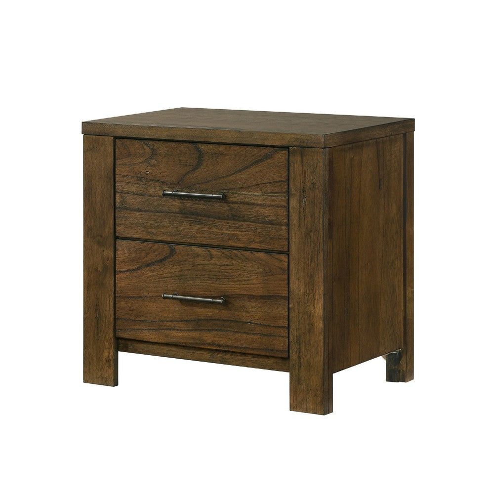 Benjara Suli Nightstand, 2 Drawers Metal Handles, Brown Mindy Veneer, 26 Inch