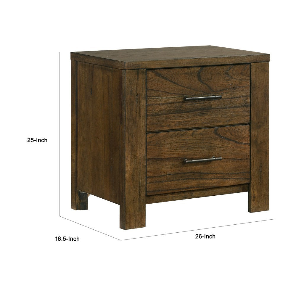 Benjara Suli Nightstand, 2 Drawers Metal Handles, Brown Mindy Veneer, 26 Inch