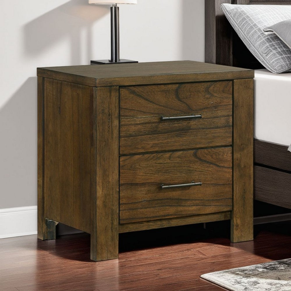 Benjara Suli Nightstand, 2 Drawers Metal Handles, Brown Mindy Veneer, 26 Inch