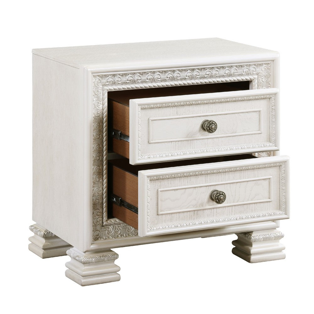 Benjara Rotu Nightstand, 2 Drawers Rope Molding, White Ash Veneer, 28 Inch
