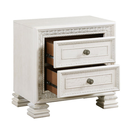 Benjara Rotu Nightstand, 2 Drawers Rope Molding, White Ash Veneer, 28 Inch