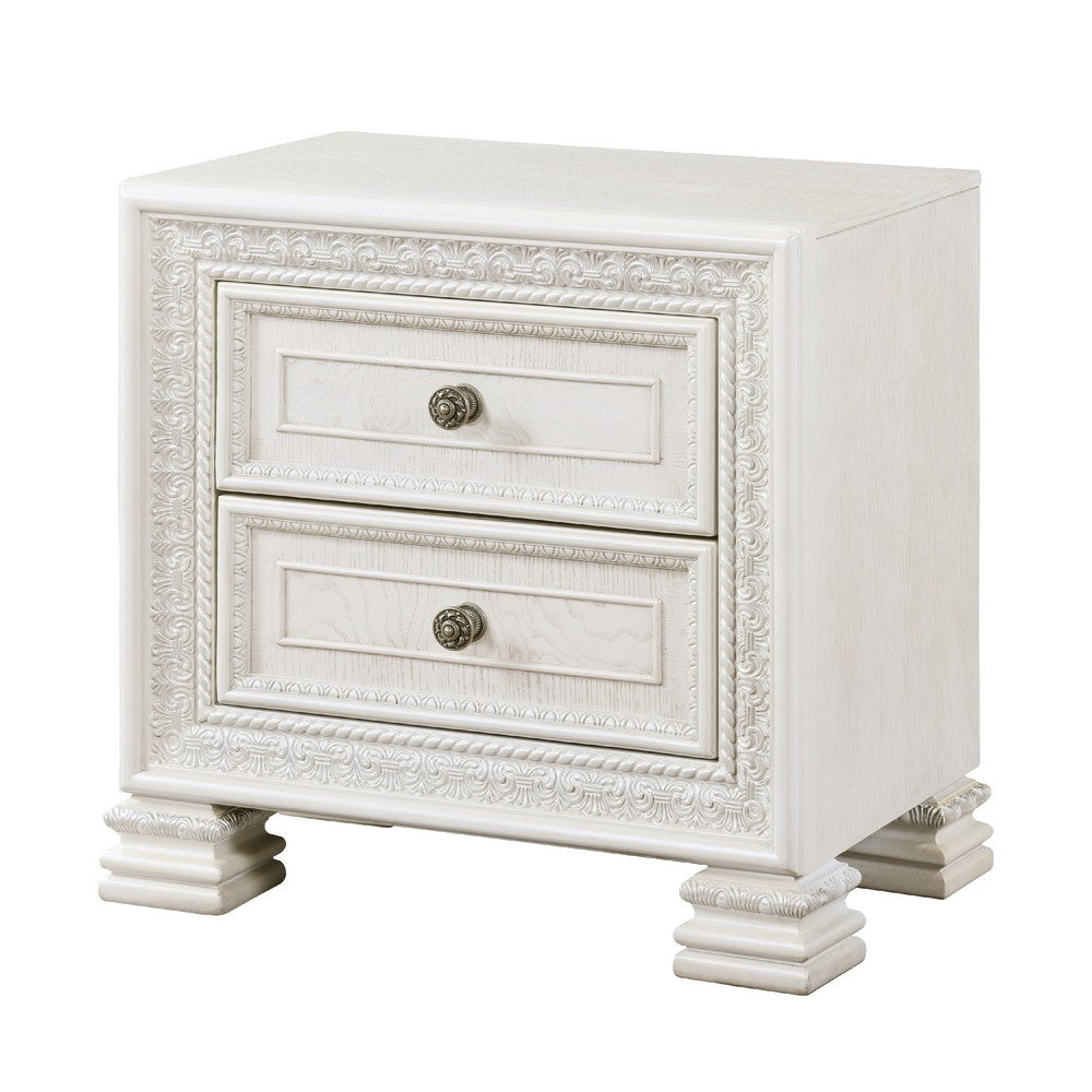 Benjara Rotu Nightstand, 2 Drawers Rope Molding, White Ash Veneer, 28 Inch