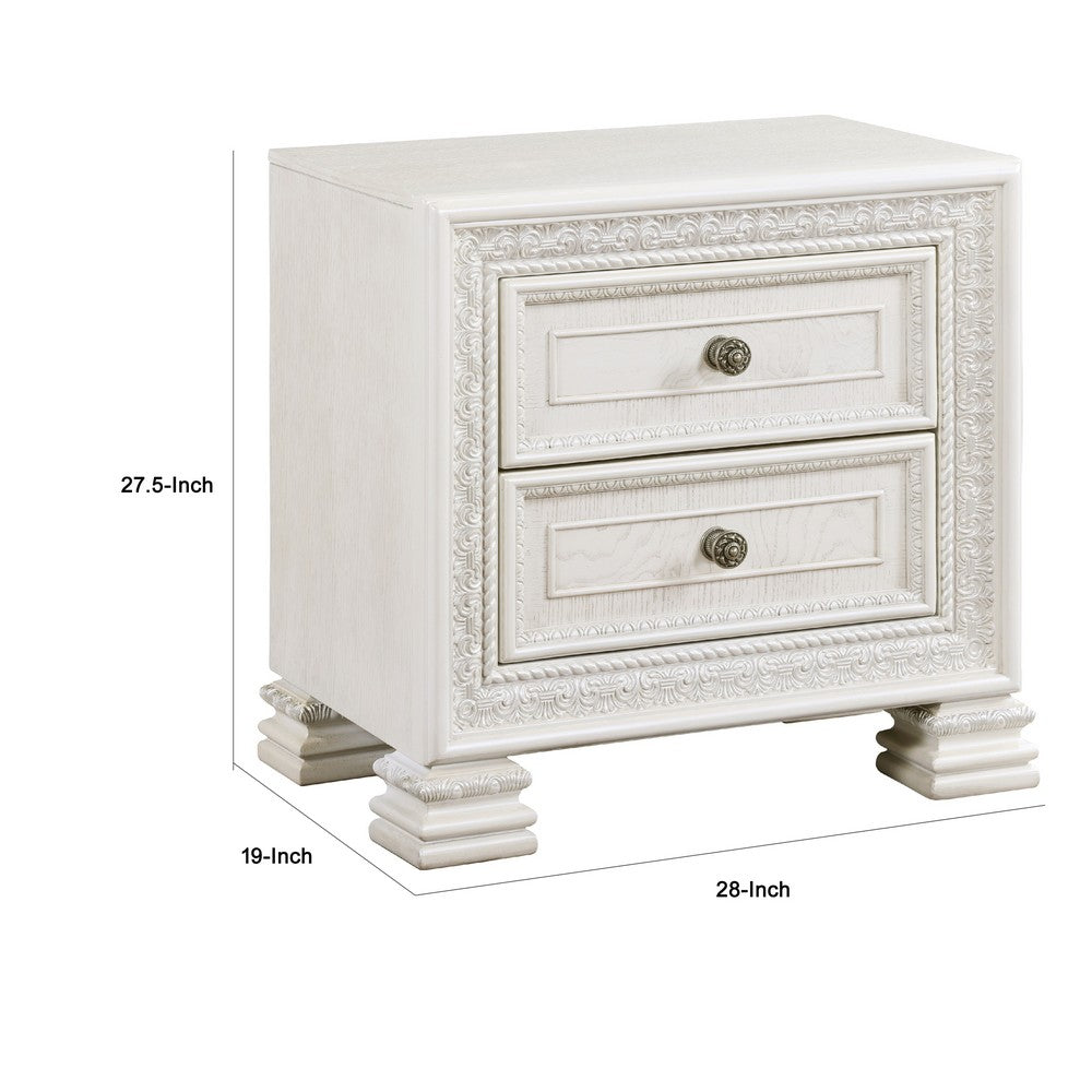 Benjara Rotu Nightstand, 2 Drawers Rope Molding, White Ash Veneer, 28 Inch