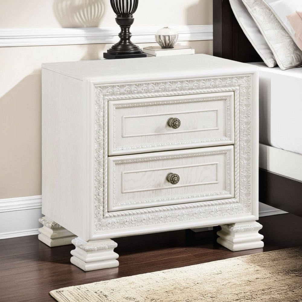 Benjara Rotu Nightstand, 2 Drawers Rope Molding, White Ash Veneer, 28 Inch