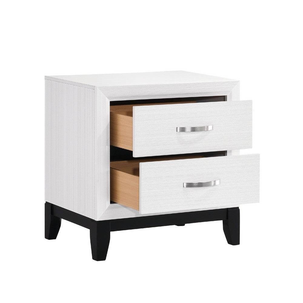 Benjara Ameya Nightstand, 2 Drawers w Chrome Handles, White And Black, 25 Inch