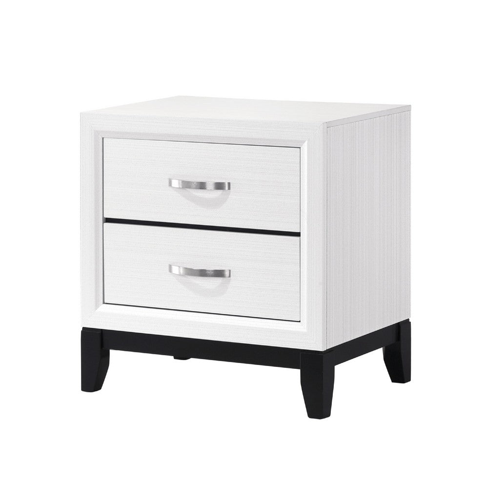 Benjara Ameya Nightstand, 2 Drawers w Chrome Handles, White And Black, 25 Inch