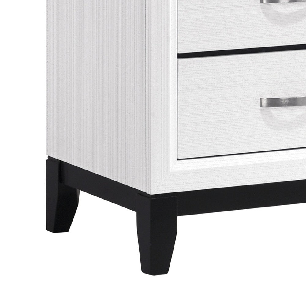 Benjara Ameya Nightstand, 2 Drawers w Chrome Handles, White And Black, 25 Inch