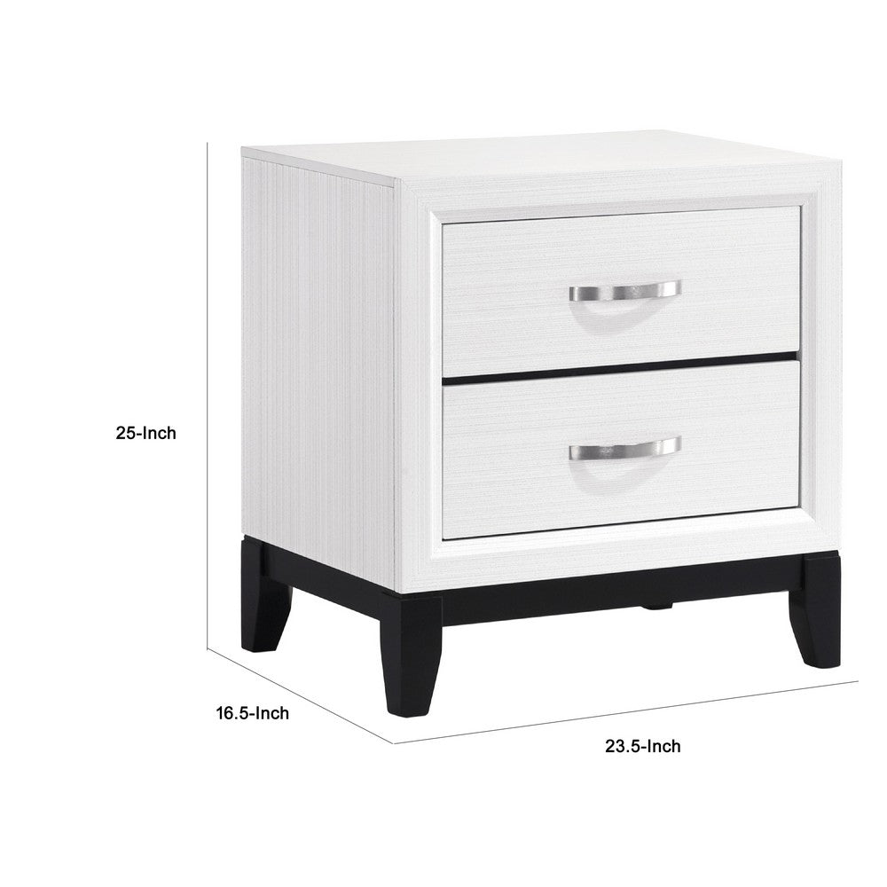 Benjara Ameya Nightstand, 2 Drawers w Chrome Handles, White And Black, 25 Inch